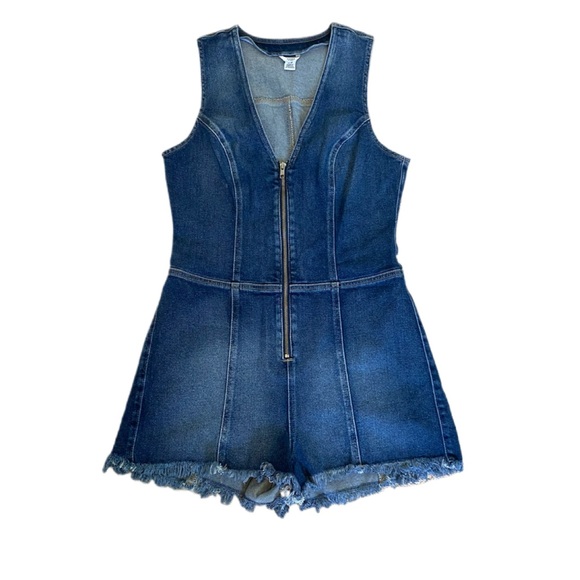 Guess Pants - Guess Jeans Women’s Front Zip V Neck One Piece Shorts Denim Fringed Romper Sz L